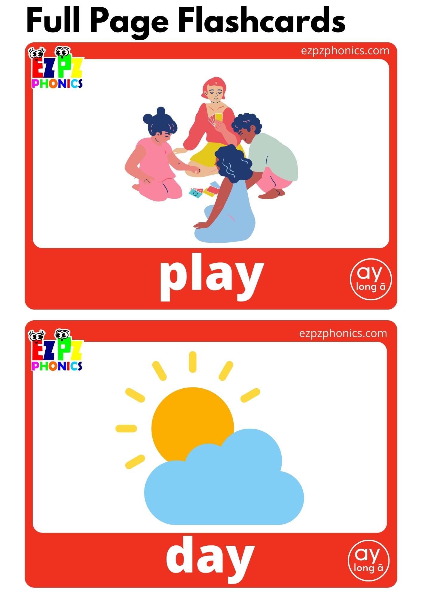 ay Words Long A Vowel Sounds Flashcards with Words and Free PDF Download or View Online for Teaching Phonics to Kindergarten and ESL Students